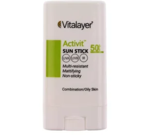 ضد آفتاب استیکی بی‌رنگ ویتالیر SPF 50 مدل اکتیویت ‌محافظ UVA،UVB,IR مناسب پوست‌های مختلط و چرب وزن 15 گرم
