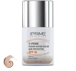 فلوئید ضد آفتاب رنگی پرایم، SPF 50، مدل فیوژن واتر، مناسب انواع پوست با تنالیته متوسط و حجم 40 میلی لیتر، محافظت‌کننده در برابر اشعه‌های PA++++ ،UVA ،UVB، دارای فرمولاسیون فاقد چربی، ویتامین سی و آنتی اکسیدان، با ماندگاری 4 ساعته