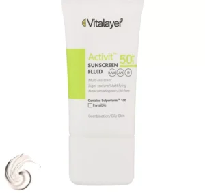 فلوئید ضدآفتاب بی‌رنگ ویتالیر SPF50 مدل Activit، مناسب پوست‌های مختلط و چرب، حجم 50 میلی‌لیتر