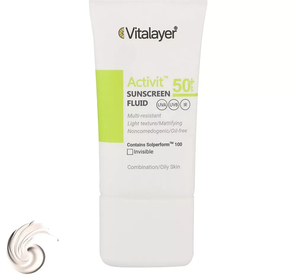 فلوئید ضدآفتاب بی‌رنگ ویتالیر SPF50 مدل Activit، مناسب پوست‌های مختلط و چرب، حجم 50 میلی‌لیتر