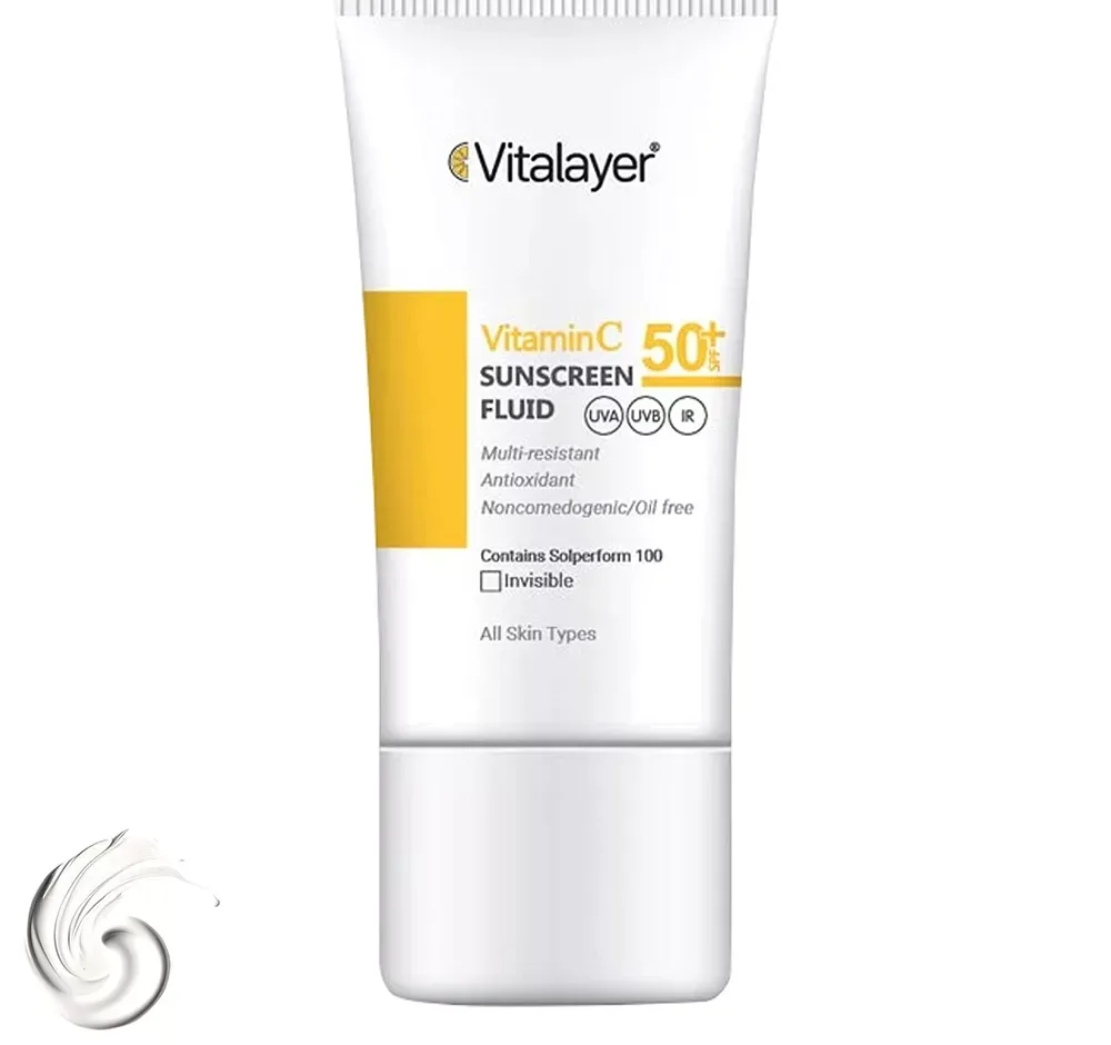 فلوئید ضدآفتاب بی‌رنگ ویتالیر SPF50 مدل Vitamin C مناسب انواع پوست، حجم 50 میلی‌لیتر