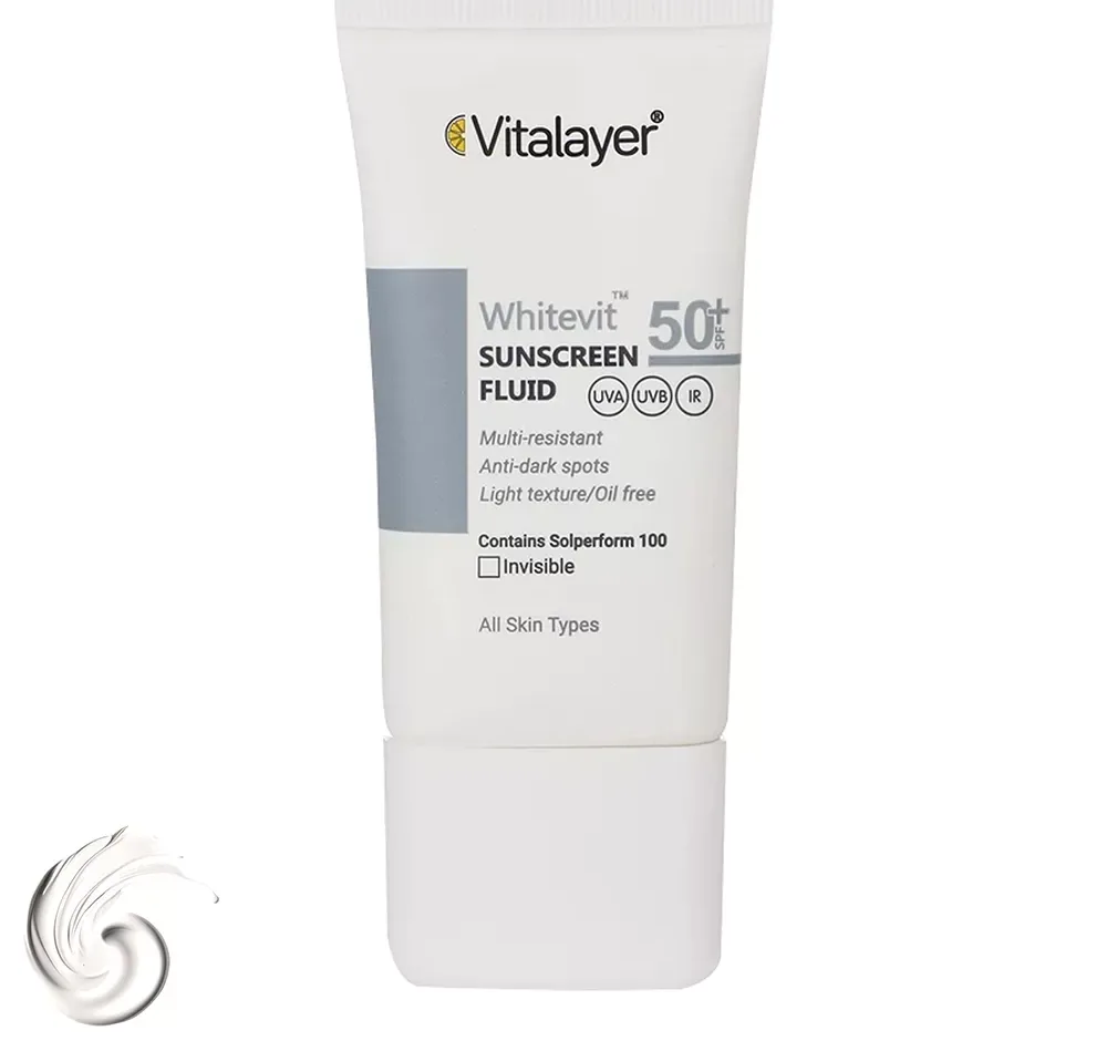 فلوئید ضدآفتاب بی‌رنگ ویتالیر SPF50 مدل Whitevit مناسب تیره و لک دار، حجم 50 میلی‌لیتر