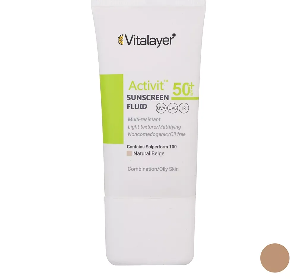 فلوئید ضدآفتاب رنگی ویتالیر SPF50 مدل Activit، مناسب پوست‌های چرب، حجم 50 میلی‌لیتر