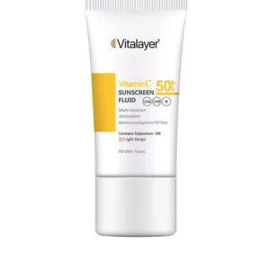 فلوئید ضدآفتاب رنگی ویتالیر، 50 SPF، مدل Vitamin C، مناسب انواع پوست تنالیته رنگ متوسط و حجم 50 میلی‌لیتر، ضد آب، محافظت کننده در برابر اشعه UVA، UVB، IR، آنتی‌اکسیدان، فاقد چربی و پارابن، ضد لک، آبرسان، دارای فرمولاسیون غیرکومدون‌زا، با ماندگاری 2 ساعته