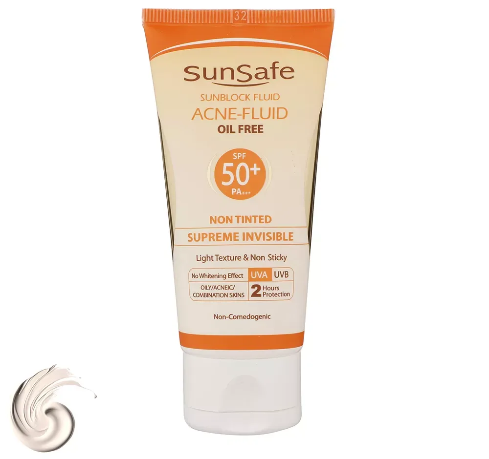 کرم ضدآفتاب بی‌رنگ سان‌سیف SPF50 مدل ACNE-FLUID مناسب پوست مختلط، حجم 50 میلی‌لیتر