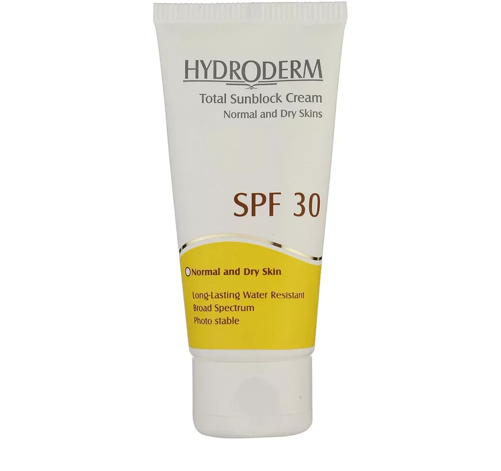 کرم ضدآفتاب بی‌رنگ هیدرودرم SPF30 مناسب پوست‌ نرمال و خشک حجم 50 میلی‌لیتر