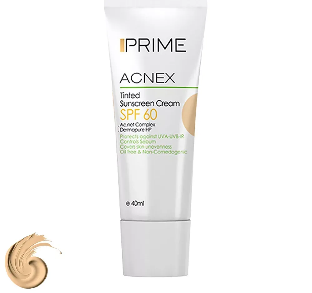 کرم ضدآفتاب رنگی پرایم، 60 SPF، مدل 02، مناسب پوست چرب و مختلط تنالیته رنگ متوسط و حجم 40 میلی‌لیتر، محافظت کننده در برابر اشعه UVA،IRو UVB، کنترل کننده ترشح سبوم، فاقد چربی و غیر کومدون‌زا، +++PA، پوشش دهنده جای جوش، با ماندگاری 3 ساعته