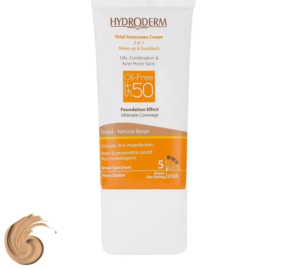 کرم ضدآفتاب هیدرودرم SPF50 مدل Natural Beige حجم 40 میلی‌لیتر